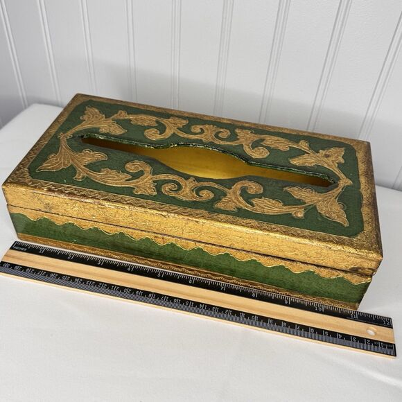 Vintage Florentine Tissue Box Green & Gold Gilt Gild Gilded Made in Italy - Picture 8 of 10